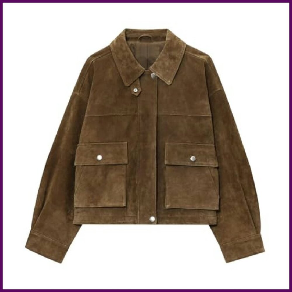 Faux Leather Cropped Bomber Jacket with Pockets Vintage Motorcycle Style - Picture 2 of 8